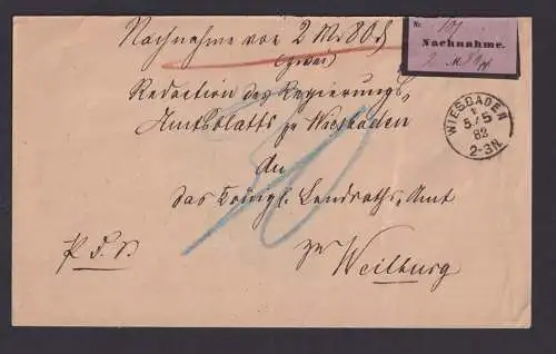 Deutsches Reich Nachnahme Brief Wiesbaden nach Weilburg unfrankeirt Nachgebühr