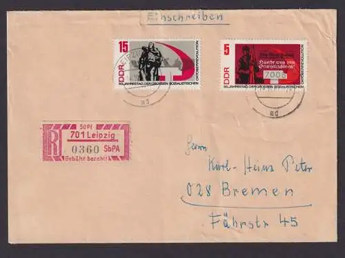 DDR R Brief Einschreibemarke 50 Pfg. Leipzig + ZuF nach Bremen 14.10.1967