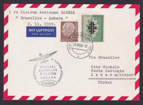 Flugpost Brief Air Mail Sabena Erstflug Brüssel Belgien Ankara Türkei Esslingen