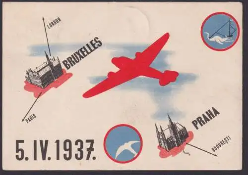 Flugpost Tschechoslowakei gute Flugkarte SABENA Peag Brüssel Belgien 5.4.1937