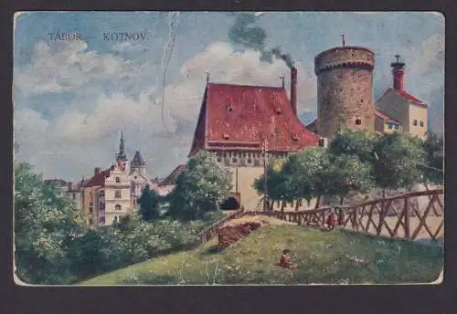 Ansichtskarte Künstlerkarte Mädchen auf Blumenwiese Burg ab Tabor