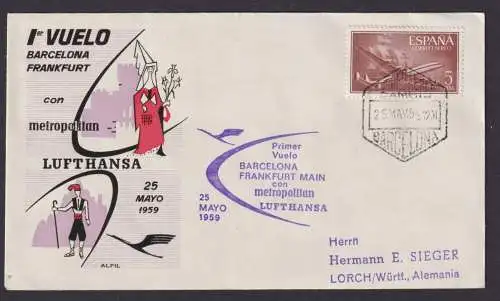 Flugpost Brief Air Mail Lufthansa Spanien Barcelona Frankfurt toller Umschlag