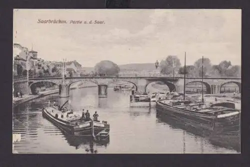 Ansichtskarte Saarbrücken Saarland Saar Fluss Schiffe Brücke