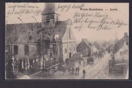 Ansichtskarte West-Rosebeke Belgien Flandern Kirche Friedhof Strassenansicht