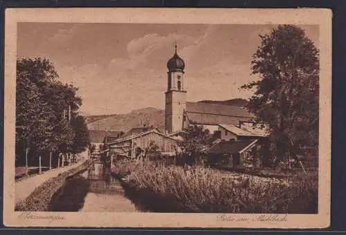 Ansichtskarte Oberammergau Bachlauf Kirche Bayern Verlag Otto Zieher München