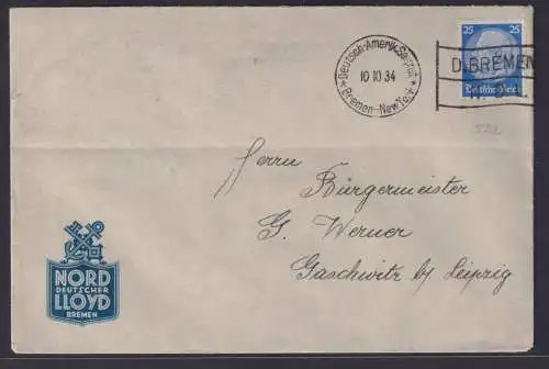 Deutsches Reich Schiffspost Brief Dampfer Bremen EF 25 Pfg. Hindenburg Deutsch