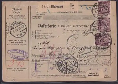 Deutsches Reich Infla Brief inter. Paketkarte nach Constantinopel ab Striegau