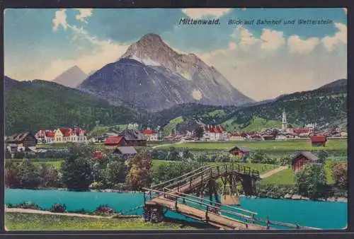 Ansichtskarte Mittenwald Bahnhof Wetterstein Gebirge Isar Fluss Künstlerkarte