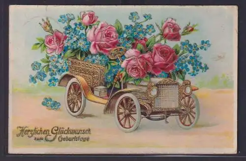 Ansichtskarte Künstlerkarte Geburtstag Auto Oldtimer Blumenschmuck Goldauflage