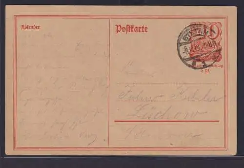 Deitsches Reich Infla Ganzsache 40 Pfg. Postreiter Stettin nach Lüchow 8.11.1921