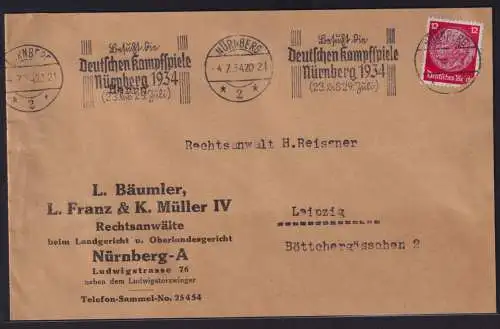 Sport Deutsches Reich Brief selt. Maschinen SST Deutsche Kampfspiele Nürnberg
