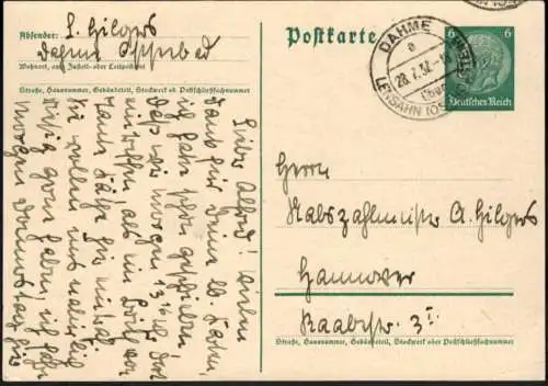 Hindenburg Ganzsache Landpoststempel Dahme über Lensahn Schleswig-Holstein 1932