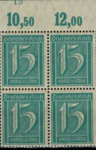Deutsches Reich Infla Viererblock Oberand Plattennummer "15" 15 Pfg. postfrisch