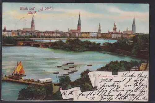 Ansichtskarte Künstlerkarte Litho Hamburg Alster Fluss Brücke Stadt Teilansicht