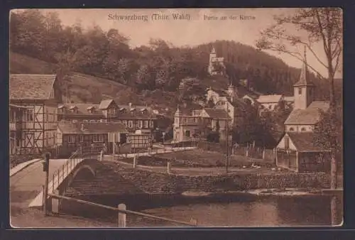 Ansichtskarte Schwarzburg Kirche Schwarza Fluss Brücke Fachwerkhäuser Wald