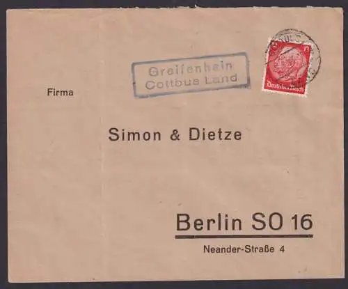 Greifenhain über Cottbus Land Brandenburg Deutsches Reich Brief
