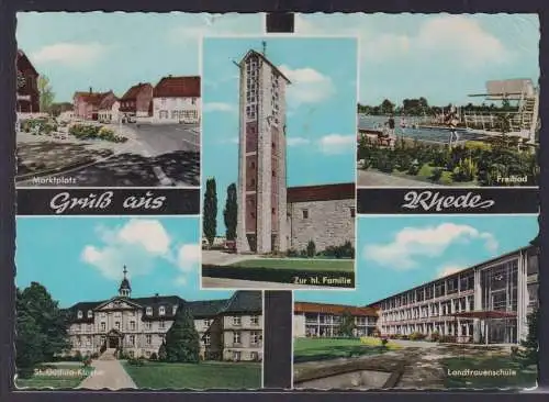 Ansichtskarte Rhede Marktplatz Freibad St. Gudula Kloster Landfrauenschule NRW