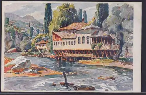 Ansichtskarte Künstlerkarte Sarajevo Fluss Haus Gastronomie Berge Bosnien