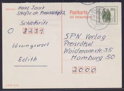 DDR Ganzsache P 108 F Antwort Goethe Schiller Denkmal Glashütte nach Hamburg