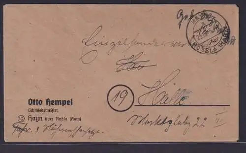 SBZ Brief Barfrankatur Landpoststempel Hayn über Roßla Harz nach Halle