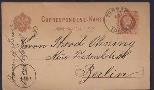 Österreich Ganzsache 2 Kreuzer Kaiser Franz Joseph mit K1 Turnau nach Berlin