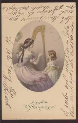 Künstler Ansichtskarte M Munk Wien Ostern Jugendstil Art Nouveau Musik Harfe