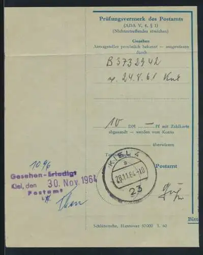 Bund Kiel Einzahlungsbeleg zwecks Einrichtung eines Postscheckkontos 28.11.1964