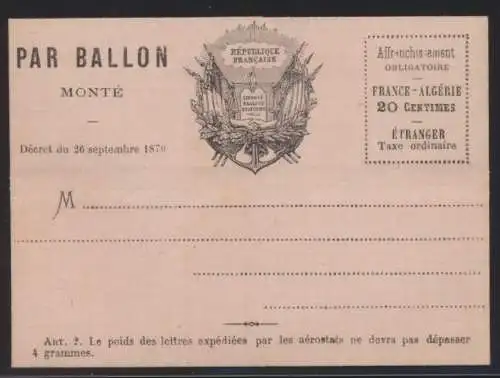 Flugpost air mail Ballonpost Ballon Monte Frankreich France 20 c. Faltbrief von