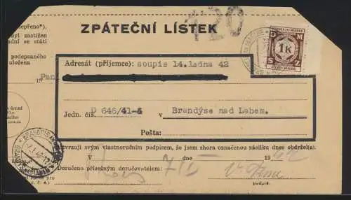Besetzung Böhmen & Mähren Brief EF 1 K. Dienst Brandeis nad Labem