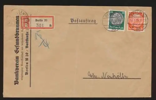 Postsache D. Reich R Brief MIF Hindenburg Postauftrag Berlin nach Neukölln Wachs