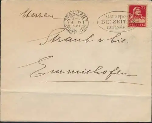 Schweiz Brief EF20cTell Stempel S Gallen Osterpost beizeiten aufgeben Emmishofen