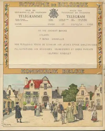 Belgien Schmuck Telegramm Künstler Arm Lyney Rathaus Hochzeit 1954 Weihnachten