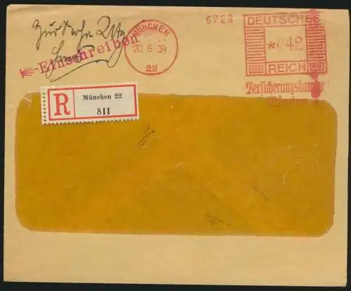 Deutsches Reich R Brief Absenderfreistempel München 22 042 Reichsmark 20.6.1934