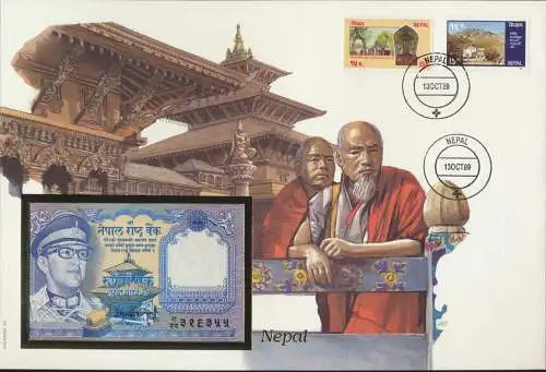 Geldschein Banknotenbrief Mönche P22 Nepal Schein + Briefmarkenausgabe exotisch