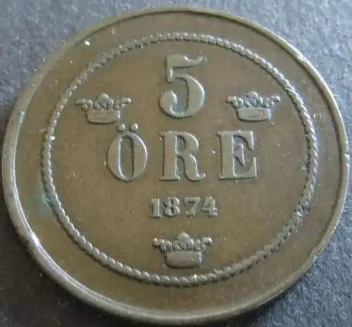 Münze Schweden 1874 - 5 Öre Oskar II. Bekröntes Monogramm 27mm Kupfer vz