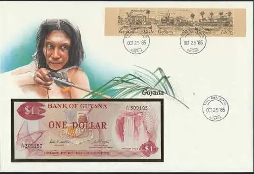 Geldschein Banknote Banknotenbriefef Guyana 1 Dollar exotisches Motiv Jagd 1985