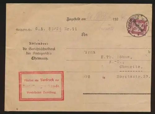Deutsches Reich Brief EF Dienst D 109 auf Zustellurkunde Chemnitz 21.10.1926
