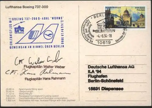 Bund Karte Lufthansa Boing SST Berlin Motiv Brandenburger Autogramme Flugkapitän