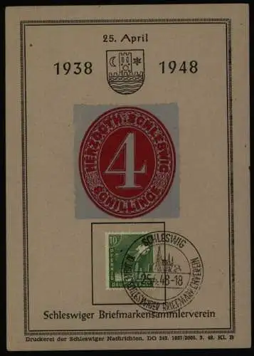 All. Besetzung Gemeinschaft Gedenkblatt Schleswig 10 J.Briefmarkensammlerverein