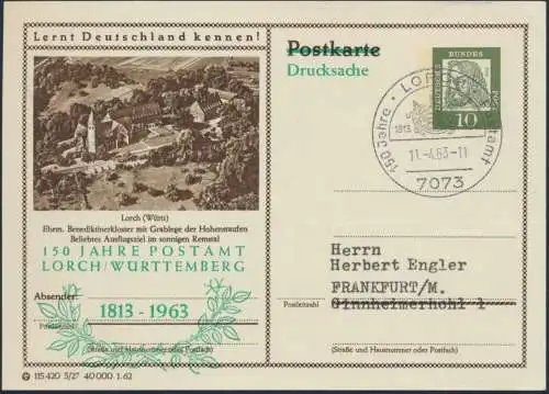Bund Privatganzsache P 72 Zudruck inter. SST 150 Jahre Postamt Lorch Frankfurt