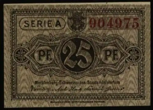 Geldschein Banknote Notgeld Mecklenburg-Schwerin 8 d. 25 Pfg. 1.5.1922 - I.