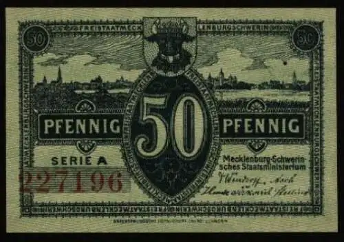 Geldschein Banknote Notgeld Mecklenburg-Schwerin 9 d. 50 Pfg. 1.5.1922 - I.