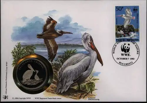 Numisbrief Rumänien Krauskopfpelikan Medaille 30 Jahre WWF Tiere