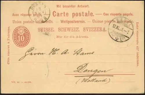Schweiz Ganzsache P 25 F/A Frage und Antwort von Basel n. Dongen 1891
