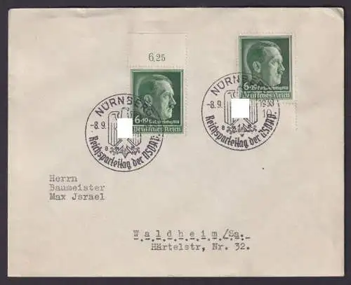 Nürnberg Deutsches Reich Brief MEF 672 SST Reichsparteitag der NSDAP Waldheim