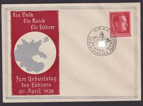 Ostmark Österreich Graz Deutsches Reich selt. Brief SST 20.April 1938 Geburtstag