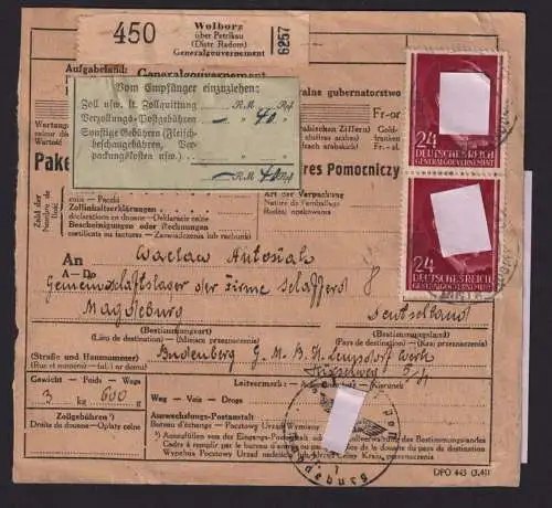 Besetzung Polen Generalgouvernement Nachnahme Paketkarte Wolborz Petrikau Radom