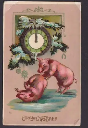 Ansichtskarte Neujahr Schwein Glücksschwein Tiere Künstlerkarte Prägekarte n.