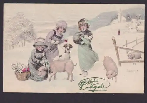 Ansichtskarte Neujahr Schwein Glücksschwein Tiere Künstlerkarte Sign. Herenat ab