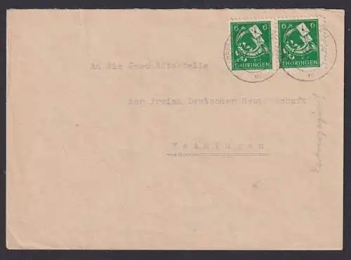 Briefmarken SBZ Thüringen Brief MEF 6 Pfg. Paar Ortsbrief Meiningen 15.11.1945
